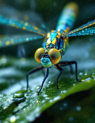 The primary subject of the image is a close-up of a dragonfly's face, with its large eyes and distinctive features. The dragonfly is perched on a leaf, which serves as the setting and background of the scene. The visual style of the image is a photo, capturing the intricate details of the dragonfly's face. The colors and mood of the image are vibrant and lively, with the dragonfly's blue and yellow colors contrasting beautifully against the green leaf.